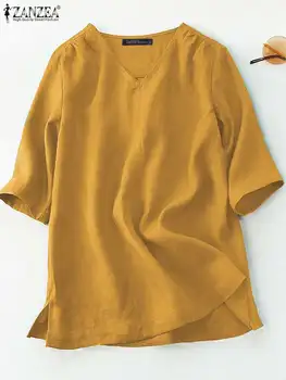 2023 ZANZEA Moda Meia Manga Tops de Verão Casual feminina com Decote em V Camisa Feminina Sólido Camisa de Algodão Solto Blusa Túnica de grandes dimensões
