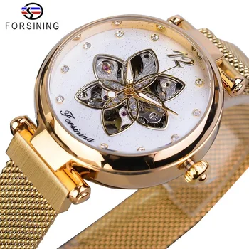 Forsining Elegante Watch Mulheres Ocos Máquina Automática do Relógio de Água Diamante Impermeável Malha Pulseira de relógio de Pulso