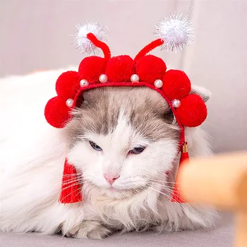 1PC Gato Vermelho Novo Ano Chinês do Estilo do Vestido de animal de Estimação Ópera de Pequim Arnês Chapéu de Borla Cão Criativo Cocar Gato Cabeça