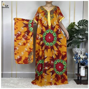 2023 Novo Manga Curta Africano-Se Dashiki, Floral Impressão Algodão Dubai Caftan Senhora Elegante De Verão Solto Maxi Vestidos Casuais Vestidos