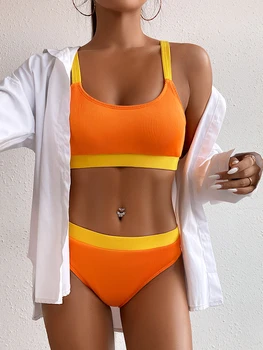 Cintura Alta Bikini Brasileiro Espiral Costela Mulheres Trajes De Banho Empurrar Upbikini Conjunto U Alça De Pescoço Maiô De Retalhos Maiô Mujer 2023