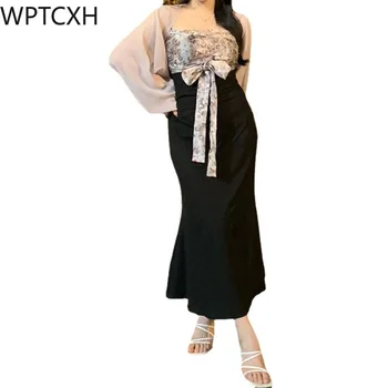 2024 Primavera Novo Tamanho Grande Estilo Chinês Novo Floral Pequena Cabeçada Longo de Duas peças Vestido de Temperamento Slim Vestuário de Mulher