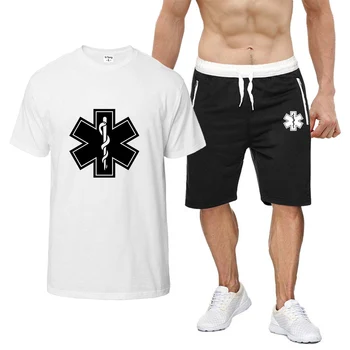 EMT Paramédicas de Emergência Médica 2023 Homens de Verão de Novo Impresso de Moda Casual Manga Curta T-shirt de Algodão, Shorts de Dois Conjuntos de Peças