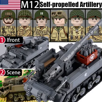 MOC-NOS M12 Artilharia autopropulsada Tanque de Blocos de Construção de Armadura Soldados Figuras Capacetes Veículo Blindado Arma Tijolos de Brinquedos para Meninos