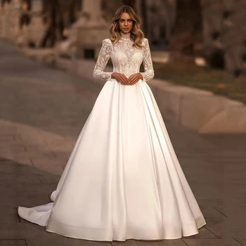Luxo Ilusão De Vestidos De Noiva Simples Vestidos De Noiva De Alta Long Neck Mangas Apliques De Renda Elegantes Vestidos De Casamento De Trem De Comprimento 2023