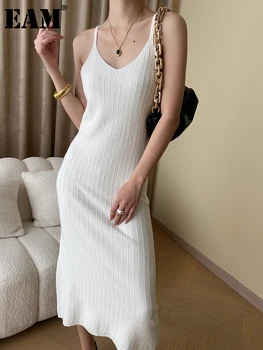 [EAM] Mulheres Branca Preta Tricô Elegante Midi New Dress com Decote em V sem Mangas Soltas Ajuste de Moda Maré de Primavera Outono 2024 1DH0186