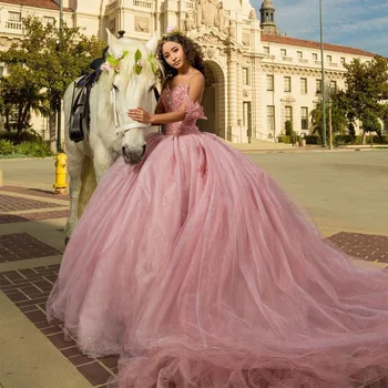 Bola-de-rosa Vestido Quinceanera Vestidos de 15 Anos, Sexy Off-Ombro 3D Flor de Cristal Beading Tule Formal de Aniversário de Princesa Vestidos