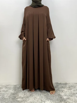 Luxo Abaya Dubai turco Muçulmano Preto Plissado Abayas para Mulheres com Bolsos, Mangas Puff Hijab Vestido Islã Roupas Kaftan Manto