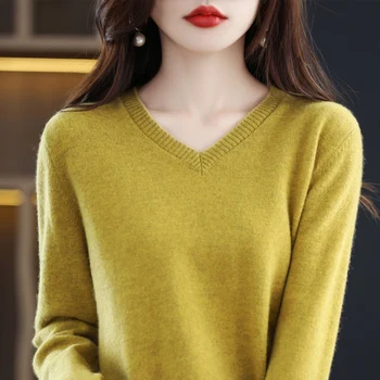 100% pura lã de cashmere mulheres com decote em V pulôver casual top de malha de outono e inverno das mulheres casaco coreano moda