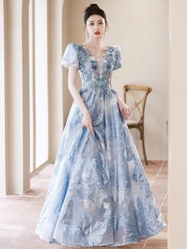 Azul Princesa Vestidos de Quinceanera Clássico decote em V Puff Manga Vestido de Noite Elegante do Assoalho-comprimento Festa Formal Vestidos de Baile