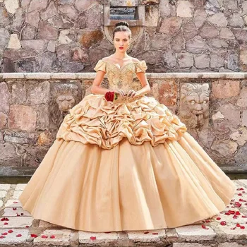 Ouro Luxo Vestidos de Quinceanera Beading Cetim com Lantejoulas Querida Menina Bola Vestido de Festa de Aniversário Porm Vestido de vestidos de 15 anos