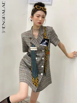 SHENGPALAE Xadrez Mini-Shirt Dress Para Mulheres 2023 Primavera Novo coreano Double Breasted Solto e Casual Vestido Curto Preto Vestido 5R1126
