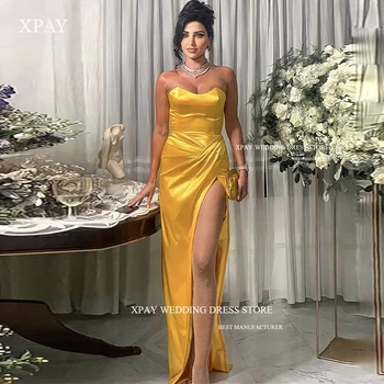 XPAY de Ouro em Cetim de Seda Vestidos de Baile Querida Dividir Chão Comprimento Longos Vestidos de Noite Formal, Vestido de Festa em Dubai Mulheres árabes