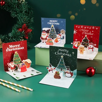 1Set 3D Colorido Brilhante Cartão de Natal Alegre Papai Noel, Boneco de neve Elk Cartões de Natal Para a Celebração do Feriado de Suprimentos