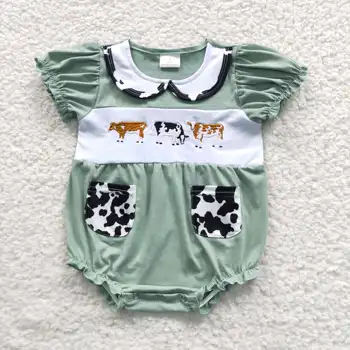 Alta Qualidade RTS Crianças Meninas Boutique Bodysuits Bebê Verde Vacas Macacão de Bebê Bordado de Roupas