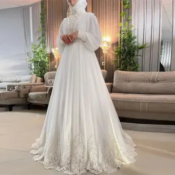 Elegante Branco Vestidos De Noite As Mulheres Muçulmanas Mangas Compridas De Renda Gola Alta, Vestidos De Noiva Applique Beading Árabe Noiva Vestido De Festa