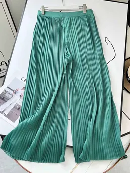 Mulheres 2023 verão Nova Moda Chique Vinco design Casual reta Calças Vintage Cintura Elástica Bolsos Laterais Feminino Calças de Mulher