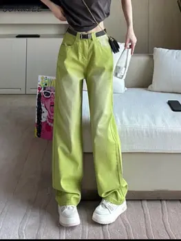 Verde calças de Brim das Mulheres do Comprimento Total Vintage Lavado Streetwear Fazer o Velho Estilo coreano Solto e Casual Ins Alunos-jogo Chic Personalidade