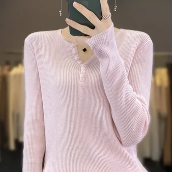 Lã Lã semi-aberto V-neck Sweater de Mulheres da Primavera e do Outono Fina Trecho Camisola do Emagrecimento de Manga Longa da Base de dados de Topo