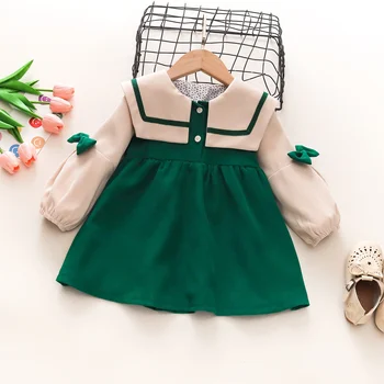 A primavera e o Outono de Nova Menina mangas compridas Vestido de Marinha Lapela Cor Sólida Bebê Vestido da Menina Vestido para Crianças