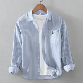 Homens luxo Social Camisas de Negócios Simples Bolso de Camisa 100% Algodão de Moda de Lazer Manga Longa Camisa Listrada Roupas de grife