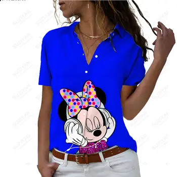 2023 Nova Moda Casual Primavera/Verão de Disney do Minnie do Ponto 3D de Impressão Digital Camisa de Manga Curta feminina de Polo Botão Versátil Topo