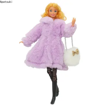 Roxo Faux Fur Casaco Jaqueta De Boneca Conjunto De Roupa Para A Barbie Roupas De Meias Sapatos Botas Saco De 1/6 Bonecas Acessórios Brinquedos 1:6