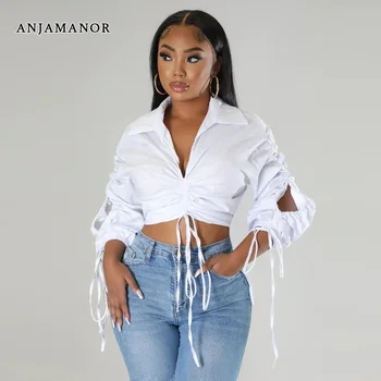 Anjamanor Camisas Brancas & Blusas Ocos de Manga Longa Cordão Ruched Tops de Manga Longa para as Mulheres 2023 Queda de Roupas D82-dc21