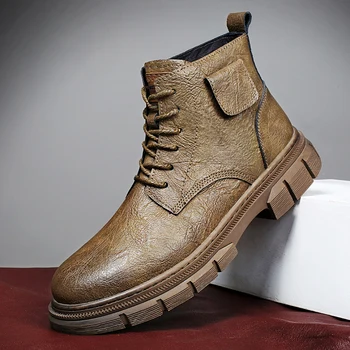 Outono e Inverno Luxuoso e Acolhedor Homens Elegantes Rendas Até Botas Top Novo Tornozelo Botas para Homens de Couro da Marca de Sapatos Botas