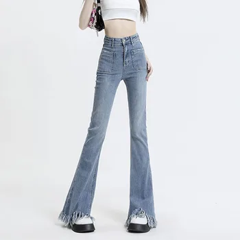 A nova safra de Cintura Alta Jeans Flare Mulheres Sólido de Alta Rua Slim Fit Jeans Calças do Estiramento Flare Jeans Calça Jeans Casual