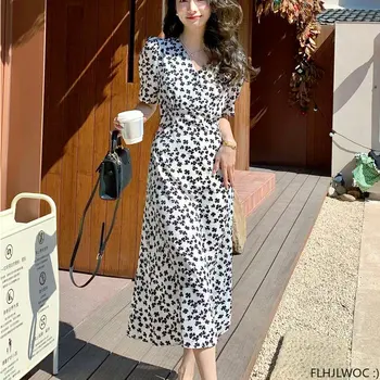 Coreia do sul Vestidos Chiques Quente Vendas Mulheres FLHJLWOC Design de Estilo Laço de Pescoço de V estampa Floral Temperamento Vintage Vestido Longo 5215