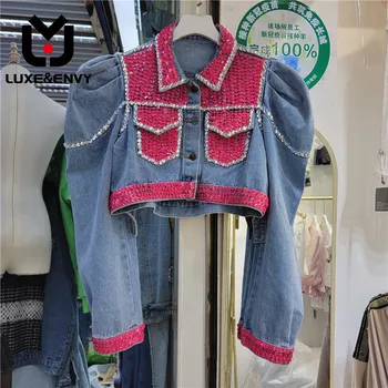 LUXO&INVEJA a Europeus E Americanos, Projeto do Estilo do Sentido Novo da Indústria Pesada de cor-de-Rosa Unhas de Diamante Curto Bolha de Mangas Jeans