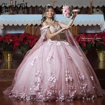 Mexicano Vestido De 15 Anos Rosa Charro Vestidos de Quinceanera com Manto de Renda Applqiued Espartilho Doce 16 Vestido Abiti Da Cerimonia
