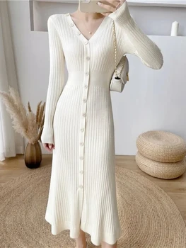 2023 Elegante de Malha Vestido Longo para as Mulheres coreano Chique Botões de Ajuste Fino Midi Vestidos Femininos de Streetwear de Pescoço de V Vestidos de Festa