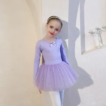 Meninas Terno de Treinamento de Ballet Vestido Roxo Crianças de Dança o Terno de Outono de Manga Longa Fio Vestido