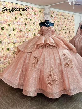 2024 Ouro De Rosa Do Vestido Quinceanera Bola Vestido De Ombro Fora Apliques De Flores Beading Concurso De Doce De 15 Desgaste Do Partido Personalizado