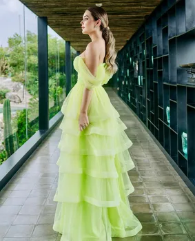 Elegante Longo Brasileira de Tule Vestidos de Noite de Uma Linha de Camadas de Pavimento Comprimento فساتين سهرة Verde Prom Vestido Formal para as Mulheres
