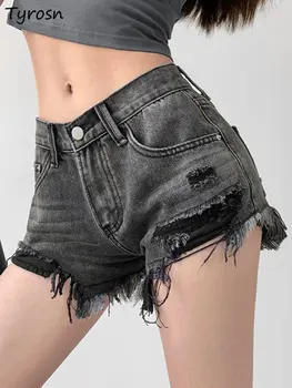 Shorts Mulheres de Borla Rasgado Retro Streetwear Todos-jogo Slim Sexy Assimétrica de Lazer Ulzzang Jeans Quente Meninas Personalidade de Verão