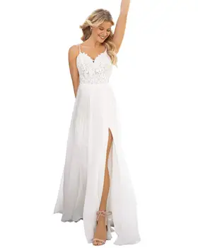 De Casamento branco de Chiffon Vestidos com Fenda Apliques de Renda de Pescoço de V de Praia Vestidos de Noiva Cintas de Espaguete Andar de Comprimento Vestido de Noiva