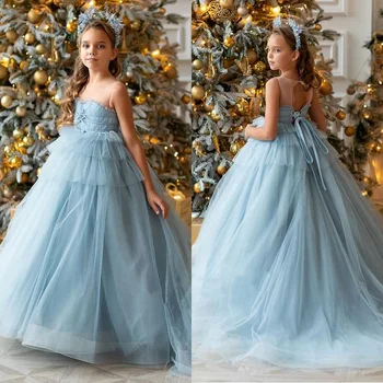 Vestidos Da Menina De Flor Para A Noiva De Tule Azul Com Arco Longo Treinar As Crianças A Primeira Comunhão Princesa Vestido De Festa Vestido De Baile