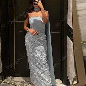 OIMG Elegante Flores em 3D Vestidos de Noite Com o Xale de Cetim sem Alças, Arábia árabe Formal, Baile Vestido Andar de Comprimento Robe De Soirée