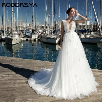 RODDRSYA Romântico Impressão 3D de Casamento Dressesc Para Mulheres Sexy Colher Decote em Festa de casamento Elegante Tule Uma linha de Vestidos De Noiva