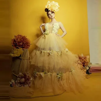 Spaghetti Strap Vestido De Casamento Querida Florido Vestido Exuberante Vestido De Tule Bola Amarela Vestido Camada Floral Vestido De Noite Sempre Bonitas