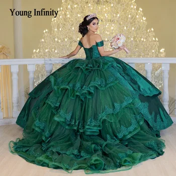Luxo Verde Vestido Quinceanera 2024 Doce De 15 a 16 Anos de Aniversário Bola Vestido de Baile Vestido de Festa Longo Trian Concurso de Vestidos de Noiva