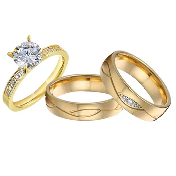 Banhado a ouro 24k casamento, anel de noivado 3pcs amante alianças proposta promessa de diamante da cz conjuntos de anéis de casamento para casais