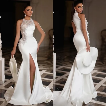 Retrato Brilhante Strass Cristal Sereia Vestidos de Noiva Ombro Fora do Laço Overskirts Vestidos de Noiva em Dubai Vestidos De Novembro