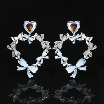 Prata 925 auroras cor em forma de coração azul bowknot brincos para mulheres em high-end stud earings Luz de luxo, jóias de casamento