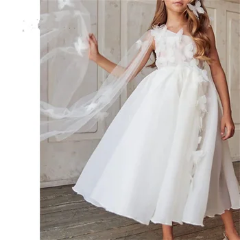 Branco de Um Ombro Tornozelo Comprimento Flor Menina Vestido de Casamento da Princesa A linha Lace Festa de Traje Applique Vestidos de Baile Para Crianças