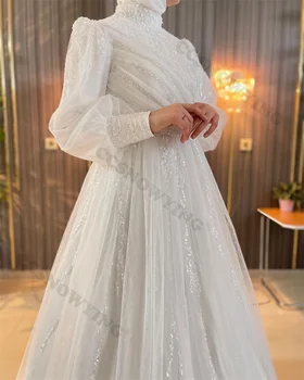 Brilhante Lantejoulas Muçulmano Vestido de Casamento para a Noiva de Manga Longa árabe Vestido de Noiva de Alta Pescoço Hijab Robe De Soirée De Mariage