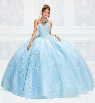 Céu Azul Baratos Vestidos De Quinceanera Ball Gown Sweetheart Tule Apliques Frisados Puffy Sweet 16 Dresses